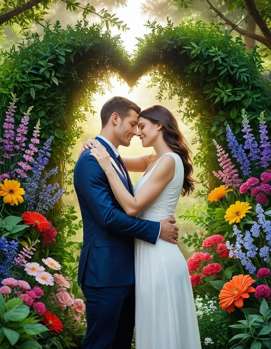 A serene scene showcasing a couple embraced in a warm hug, surrounded by lush greenery and colorful flowers, symbolizing love and wellness. Incorporate subtle elements of life insurance, such as a glowing heart or protective shield blending effortlessly with the aromatic herbs and essential oils nearby. Use soft, calming colors to evoke a sense of peace and tranquility. super-realistic. vibrant colors. natural setting.