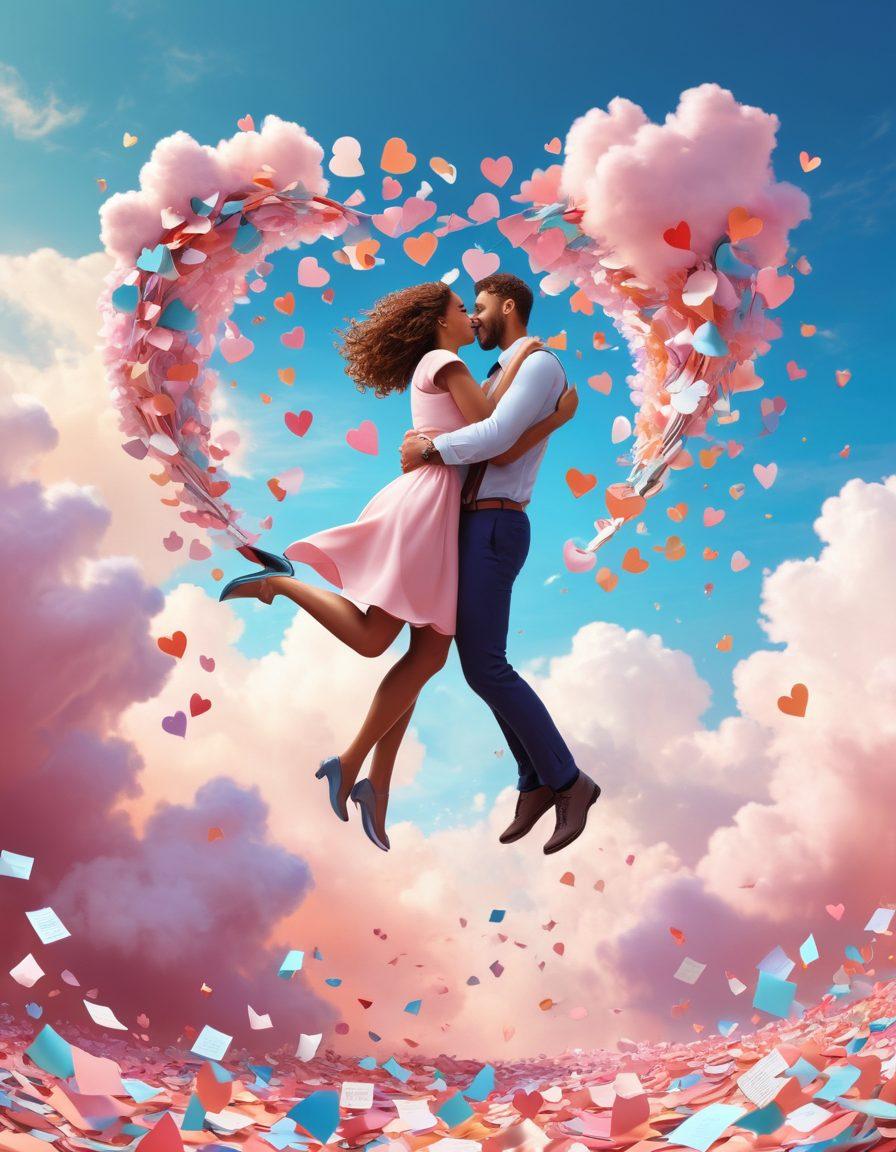 A whimsical scene capturing a couple embracing in mid-air, surrounded by floating hearts and colorful insurance policy documents swirling around them. They are set against a pastel sky filled with soft clouds, symbolizing the connection between romance and security. The composition should evoke a sense of joy and comfort, emphasizing the theme of love intertwined with comprehensive coverage. 3D. vibrant colors.