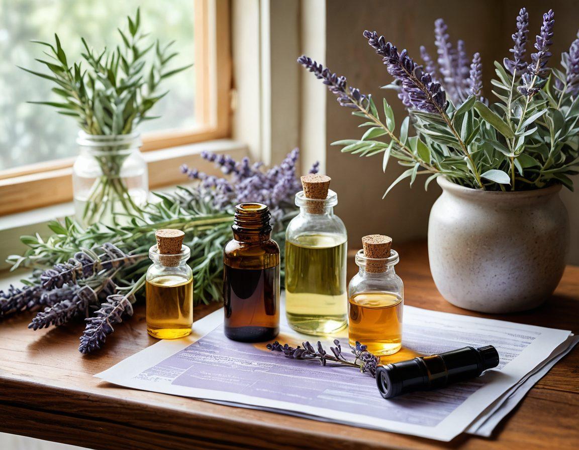 A tranquil scene featuring a diverse collection of essential oils and aromatic plants like lavender, eucalyptus, and peppermint arranged artistically on a wooden table. In the background, subtly displayed are various insurance policy documents, blending the themes of wellness and security. Soft sunlight beams in, creating a warm ambiance, with delicate wisps of aromatic vapor rising. The colors should be soothing and natural, creating an inviting atmosphere. watercolor painting. soft color palette. light texture.